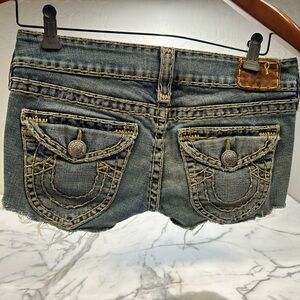 True ReligionLight Blue Denim Shorts with yellow stitching Size 29